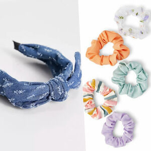 Nordstrom Casual Chic Denim Knot Bow Headband Pastel 5 Scrunchy Summer Set